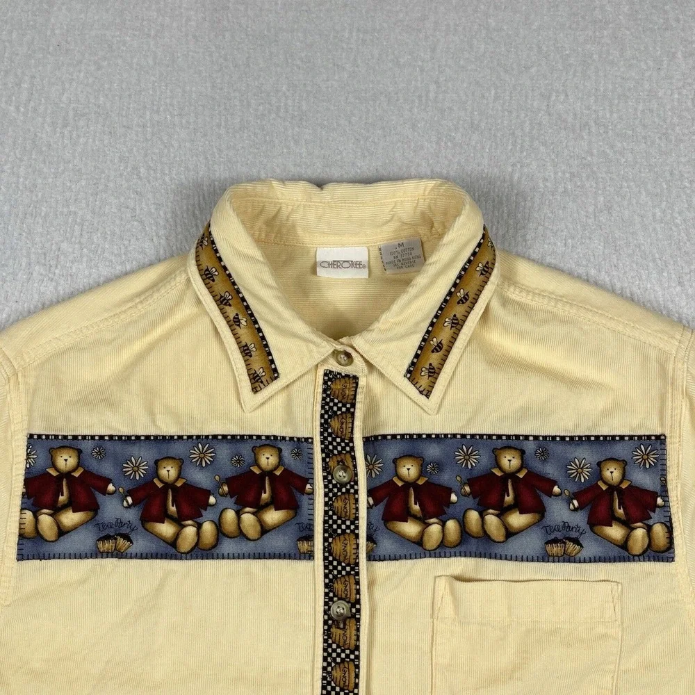 Cherokee Shirt Womens Medium Yellow Orange Corduroy Bears‎ Honey Tea Party VTG